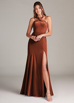 Azazie Rue Bridesmaid Dresses Terracotta A-Line Pleated Velvet Dress image1