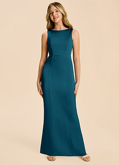 Azazie Emi Junior Ink Blue Sheath Bow Stretch Satin Dress image6