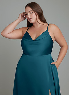 Azazie Sarella Bridesmaid Dresses Ink Blue A-Line Pleated Stretch Satin Dress image9