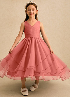 Azazie Seraphina Flower Girl Dresses Salmon Pink A-Line Pleated Tulle Dress image4