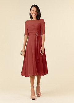 Azazie Naomi Kleider für die Brautmutter A-Linie Bootshals Gefaltet Chiffon Kleid Terrakotta image1