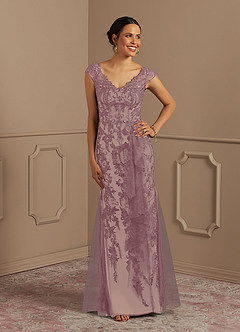 Azazie Melena Mother of the Bride Dresses Dusty Rose Champagne Mermaid Lace Tulle Dress image2