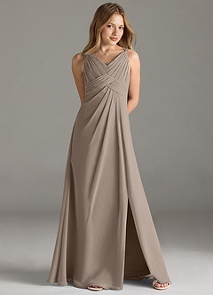 Azazie Maren Allure Junior Taupe A-Line Lace Chiffon Dress image4