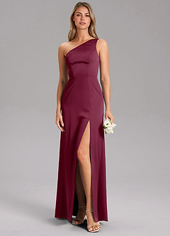 Azazie Feby Bridesmaid Dresses Mulberry A-Line One Shoulder Stretch Satin Dress image3