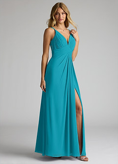 Azazie Maren Allure Bridesmaid Dresses Jade A-Line V-Neck Lace Chiffon Dress image4