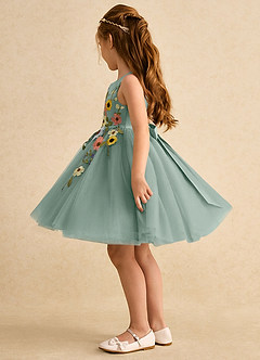 Azazie Prima Flower Girl Dresses Silver Sage A-Line Bow Tulle Dress image4