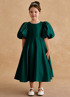 Azazie Sugarplum Flower Girl Dresses Pine A-Line with Sleeves Matte Satin Dress image3