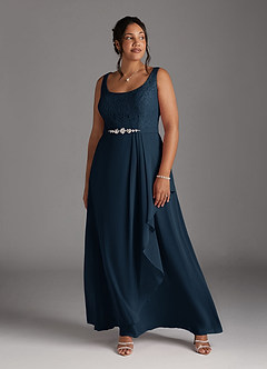 Azazie Ainsling Mother of the Bride Dresses Dark Navy A-Line Square Neckline Lace Chiffon Dress image4