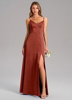 Azazie Talina Robes de demoiselle d'honneur Robe Trapèze en Satin extensible Terracotta image1