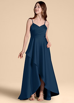 Azazie Prisha Junior Dark Navy A-Line Pleated Stretch Satin Dress image4