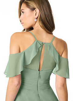 Azazie Dakota Vestidos de damas de honor Vestido de Matcha de Gasa de Corte en A con Cuello en V plisado image7