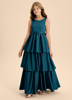 Azazie Meadowyn Junior Abito A-Line in Raso Elasticizzato Fiocco Blu Inchiostro image4