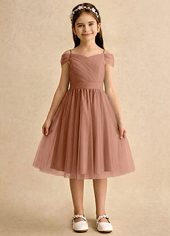 Azazie Lila Girls Formal Robe Demoiselle D'honneur Fillette Robe Trapèze en Tulle Épaule décolletée Bronze image1