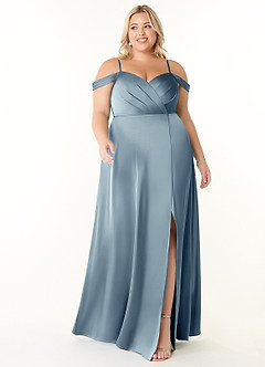 Azazie Ocean Bridesmaid Dresses Dusty Blue A-Line V-Neck Pleated Stretch Satin Dress image1