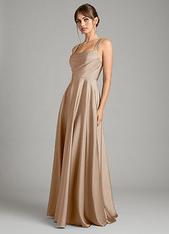 Azazie Shaude Bridesmaid Dresses Taupe A-Line Pleated Stretch Satin Dress image5