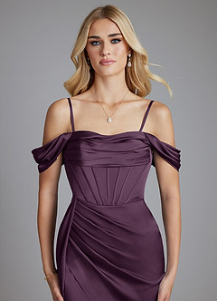 Azazie Amyra Bridesmaid Dresses Plum Mermaid Off the Shoulder Stretch Satin Convertible Dress image3