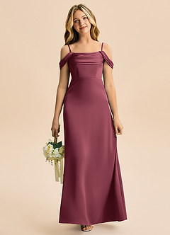 Azazie Lettie Junior A-Line Off-Shoulder Stræk satin Gulv-længde Junior brudepige Kjole image2