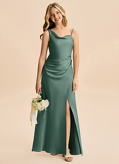 Azazie Abby Junior Robe Trapèze en Satin extensible Plissée Eucalyptus image1