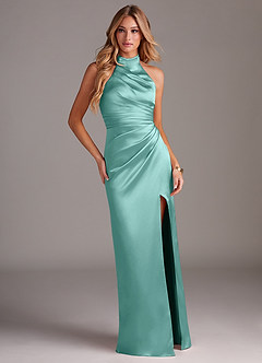 Azazie Jemma Bridesmaid Dresses Aqua Sheath Pleated Stretch Satin Dress image3