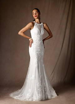Azazie Sheila Wedding Dresses Diamond White Mermaid Sequins Tulle Dress image4