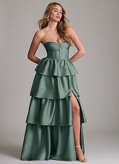 Azazie Faye Bridesmaid Dresses Sea Moss A-Line Ruched Stretch Satin Dress image4