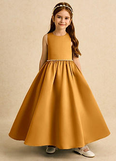 Azazie Daisies Flower Girl Dresses Butterscotch Ball-Gown Bow Matte Satin Dress image2