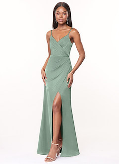 Azazie Maci Brautjungfernkleider A-Linie V-Hals Gefaltet Stretch-Satin Kleid Agave image3