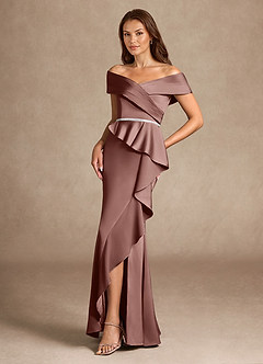 Azazie Dareia Mother of the Bride Dresses Espresso Mermaid Off the Shoulder Stretch Satin Dress image5