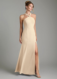 Azazie Rue Bridesmaid Dresses Champagne A-Line Halter Chiffon Dress image1