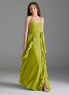 Azazie Peyton Junior Lemongrass A-Line V-Neck Cascading Ruffles Chiffon Dress image3