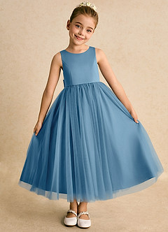Azazie Solia Flower Girl Dresses Steel Blue Ball-Gown Bow Tulle Dress image5