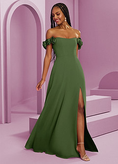 Barbie ♥ Azazie Suknie dla druhen Rozkloszowana szyfonowa sukienka z odkrytymi ramionami i kwiatowymi rozetkami image8