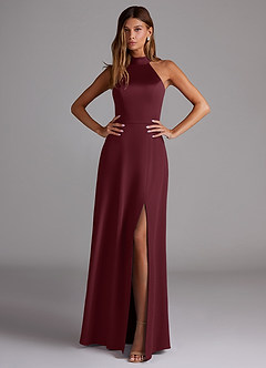 Azazie Myra Bridesmaid Dresses Cabernet A-Line Side Slit Stretch Satin Dress image3