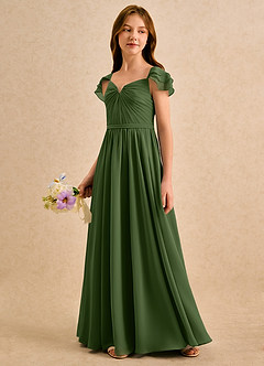 Azazie Meimei Girls Formal Abiti da Ragazza di Fiori Abito A-Line in Chiffon Plissettato Oliva image5