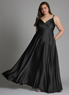 Azazie Amani Vestidos de damas de honor Vestido Negro de Satén Elástico de Línea A con Plisado image6