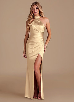 Azazie Karlotta Bridesmaid Dresses Gold Sheath Pleated Metallic Satin Dress image1