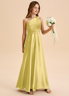 Azazie Charlize Junior Canary A-Line Pleated Stretch Satin Dress image3