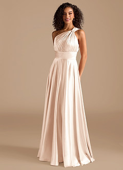 Azazie Charlize Bridesmaid Dresses Blushing Pink A-Line One Shoulder Metallic Satin Dress image1