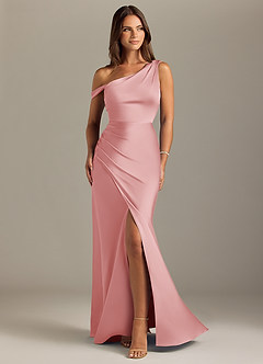 Azazie Madelyn Robes de demoiselle d'honneur Robe Sirène Convertible en Satin extensible Une épaule Rose Poudré image1