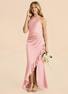 Azazie Thea Junior Powder Pink Sheath Ruched Stretch Satin Dress image5