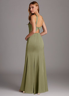 Azazie Elana Bridesmaid Dresses Pistachio Sheath Side Slit Stretch Satin Dress image2