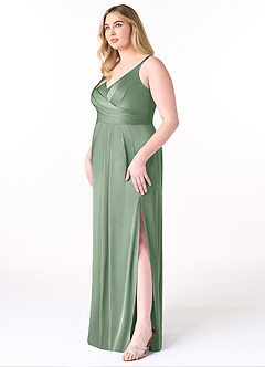 Azazie Aqua Vestidos de damas de honor Vestido de Matcha de Satén Elástico de Corte en A con Cuello en V plisado image10