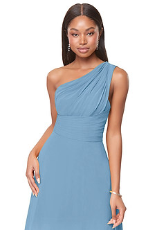 Azazie Ashley Abiti da Damigella Abito A-Line in Chiffon Increspato Blu Acciaio image5
