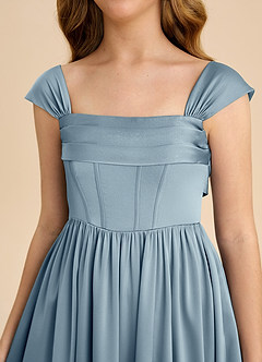 Azazie Hattie Junior Dusty Blue A-Line Pleated Stretch Satin Dress image9