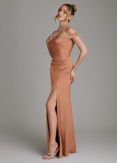 Azazie Teyana Bridesmaid Dresses Bronzer Sheath Off the Shoulder Stretch Satin Dress image6