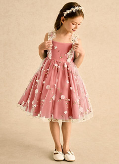Azazie Krissie Flower Girl Dresses Salmon Pink A-Line Ruched Tulle Dress image1