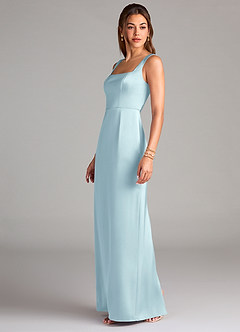 Azazie Flori Bridesmaid Dresses Cloud Blue Sheath Side Slit Stretch Satin Dress image4