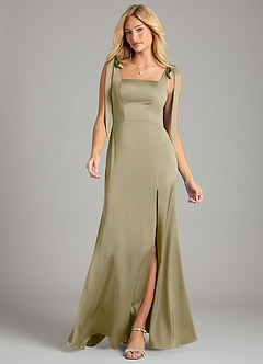 Azazie Frostine Bridesmaid Dresses Moss Green A-Line Bow Stretch Satin Dress image4