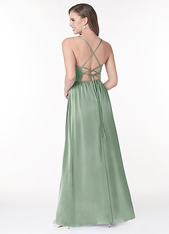 Azazie Raya Schlussverkauf A-Linie V-Hals Gefaltet Stretch-Satin Kleid Agave image2