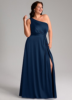 Azazie Brooke Bridesmaid Dresses Dark Navy A-Line One Shoulder Stretch Satin Dress image11